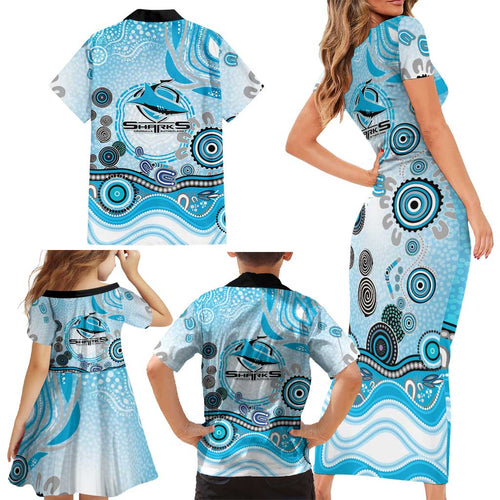Cronulla Sutherland Sharks Rugby Family Matching Short Sleeve Bodycon Dress and Hawaiian Shirt Australian Aboriginal Dot Painting Style
