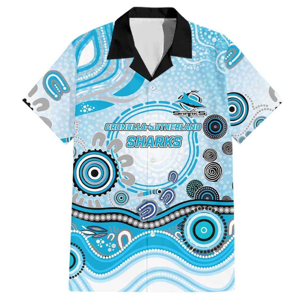 Cronulla Sutherland Sharks Rugby Family Matching Short Sleeve Bodycon Dress and Hawaiian Shirt Australian Aboriginal Dot Painting Style