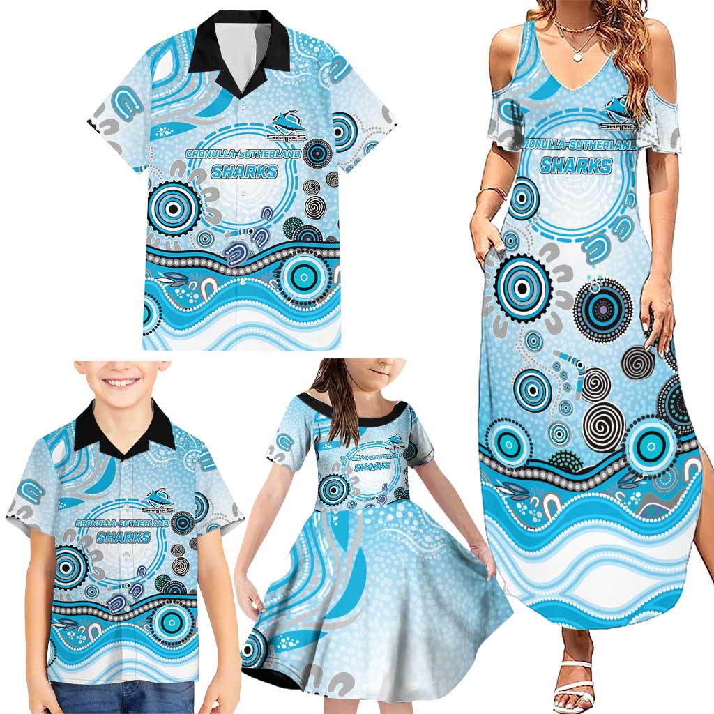 Cronulla Sutherland Sharks Rugby Family Matching Summer Maxi Dress and Hawaiian Shirt Australian Aboriginal Dot Painting Style