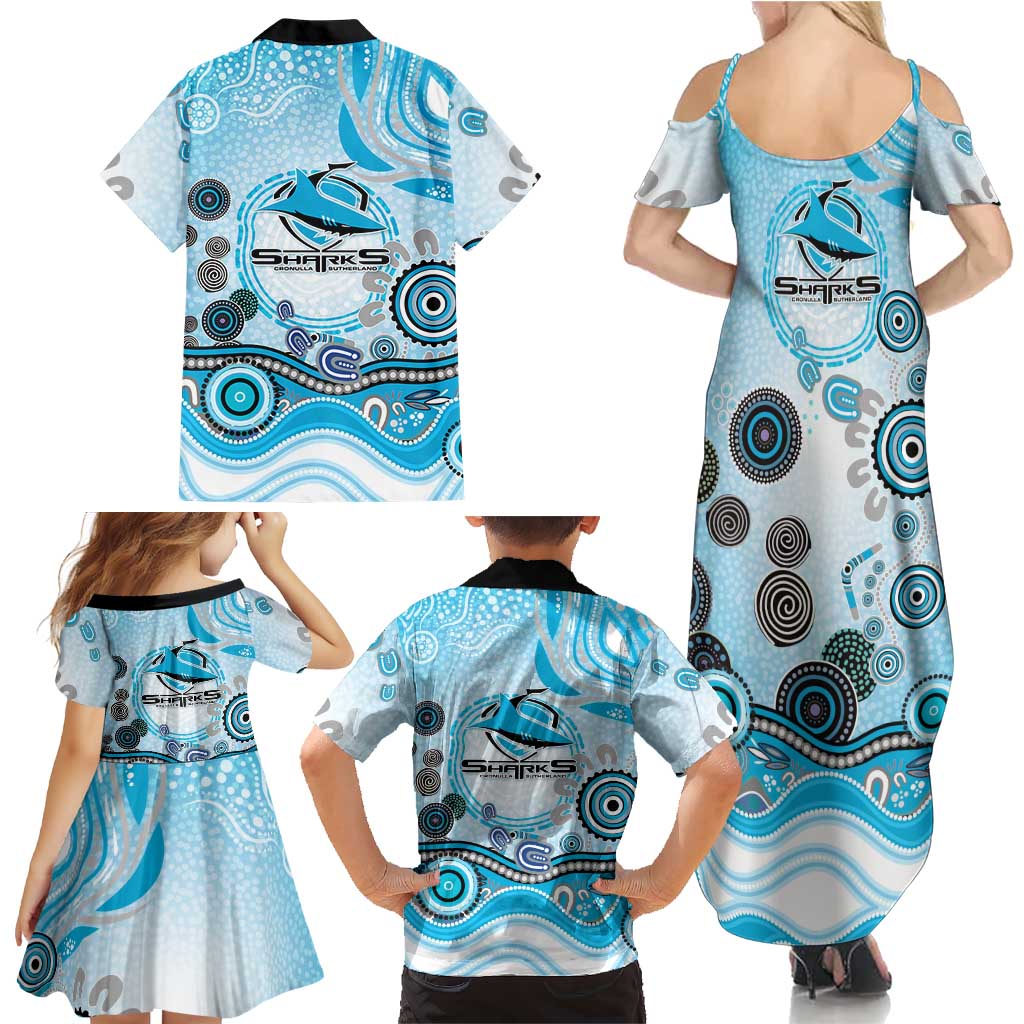 Cronulla Sutherland Sharks Rugby Family Matching Summer Maxi Dress and Hawaiian Shirt Australian Aboriginal Dot Painting Style