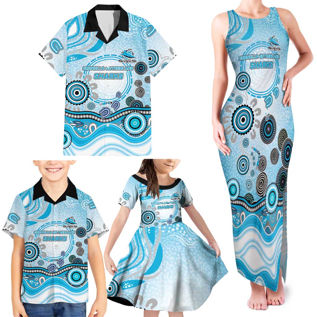 Cronulla Sutherland Sharks Rugby Family Matching Tank Maxi Dress and Hawaiian Shirt Australian Aboriginal Dot Painting Style
