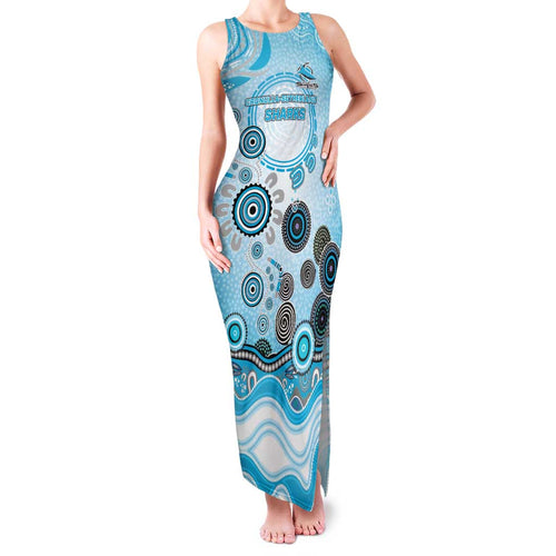 Cronulla Sutherland Sharks Rugby Family Matching Tank Maxi Dress and Hawaiian Shirt Australian Aboriginal Dot Painting Style