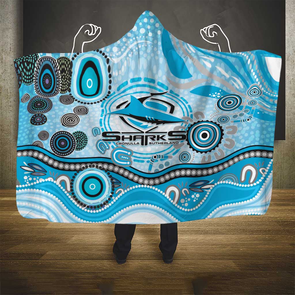 Cronulla Sutherland Sharks Rugby Hooded Blanket Australian Aboriginal Dot Painting Style