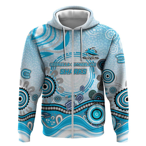 Cronulla Sutherland Sharks Rugby Hoodie Australian Aboriginal Dot Painting Style