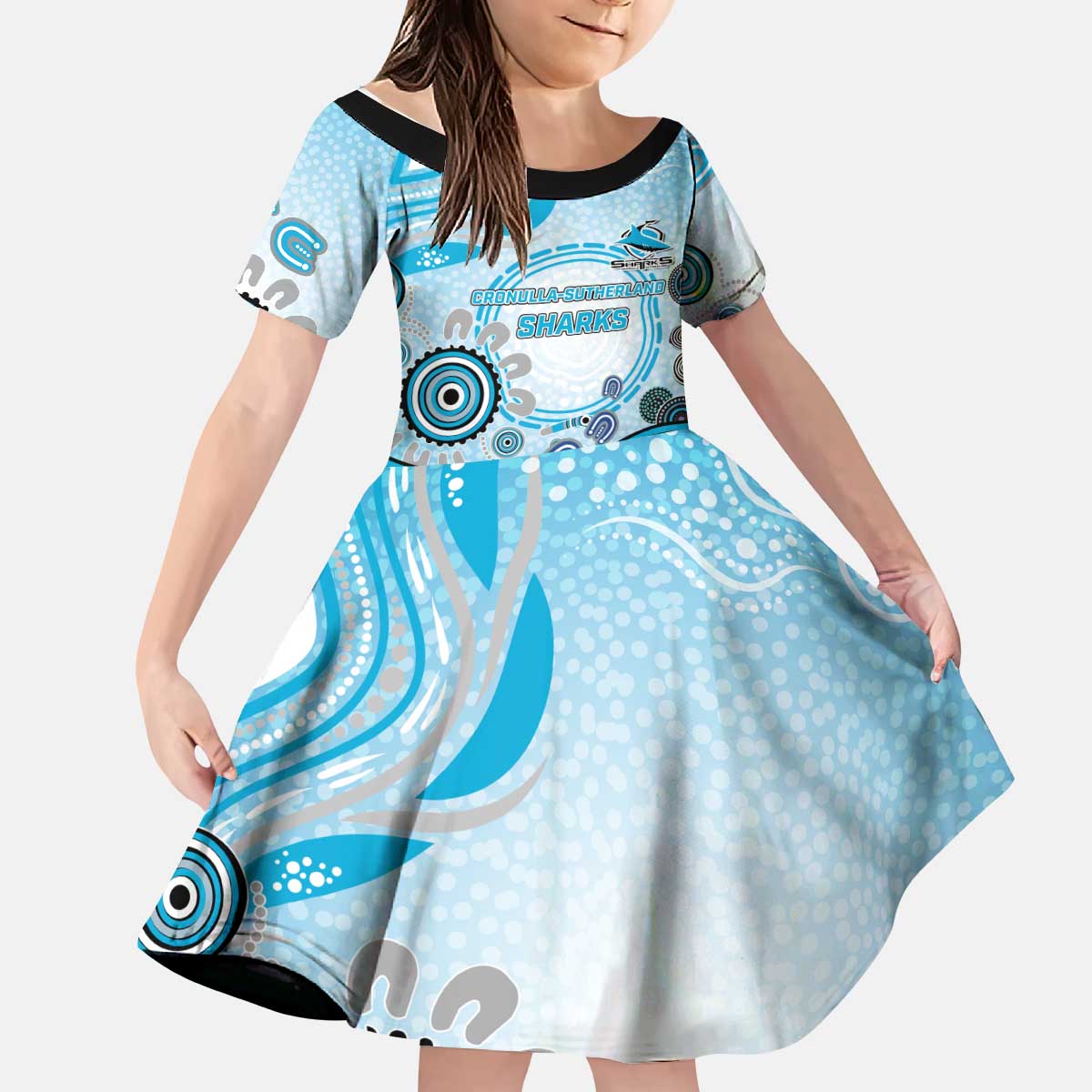 Cronulla Sutherland Sharks Rugby Kid Short Sleeve Dress Australian Aboriginal Dot Painting Style