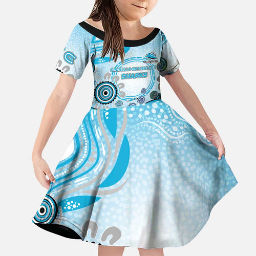 Cronulla Sutherland Sharks Rugby Kid Short Sleeve Dress Australian Aboriginal Dot Painting Style