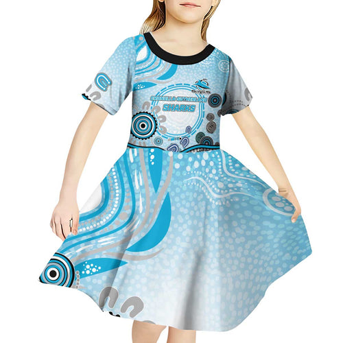 Cronulla Sutherland Sharks Rugby Kid Short Sleeve Dress Australian Aboriginal Dot Painting Style