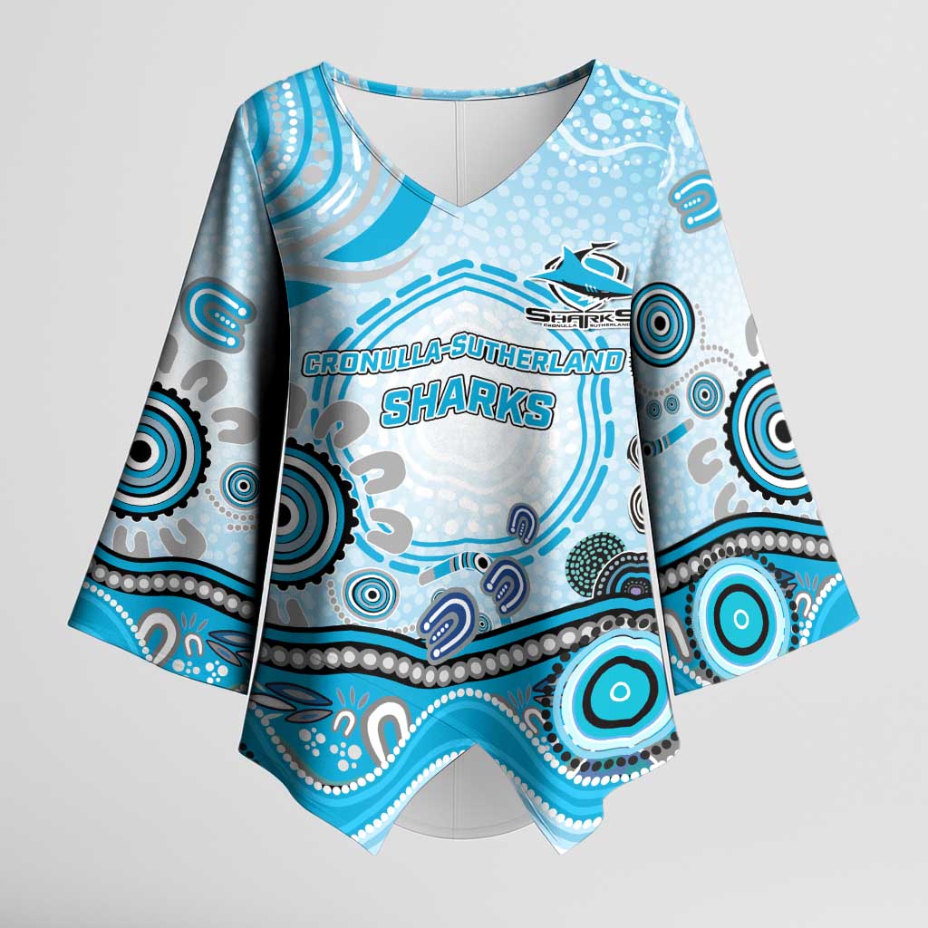 Cronulla Sutherland Sharks Rugby Kimono Sleeve Blouse Australian Aboriginal Dot Painting Style