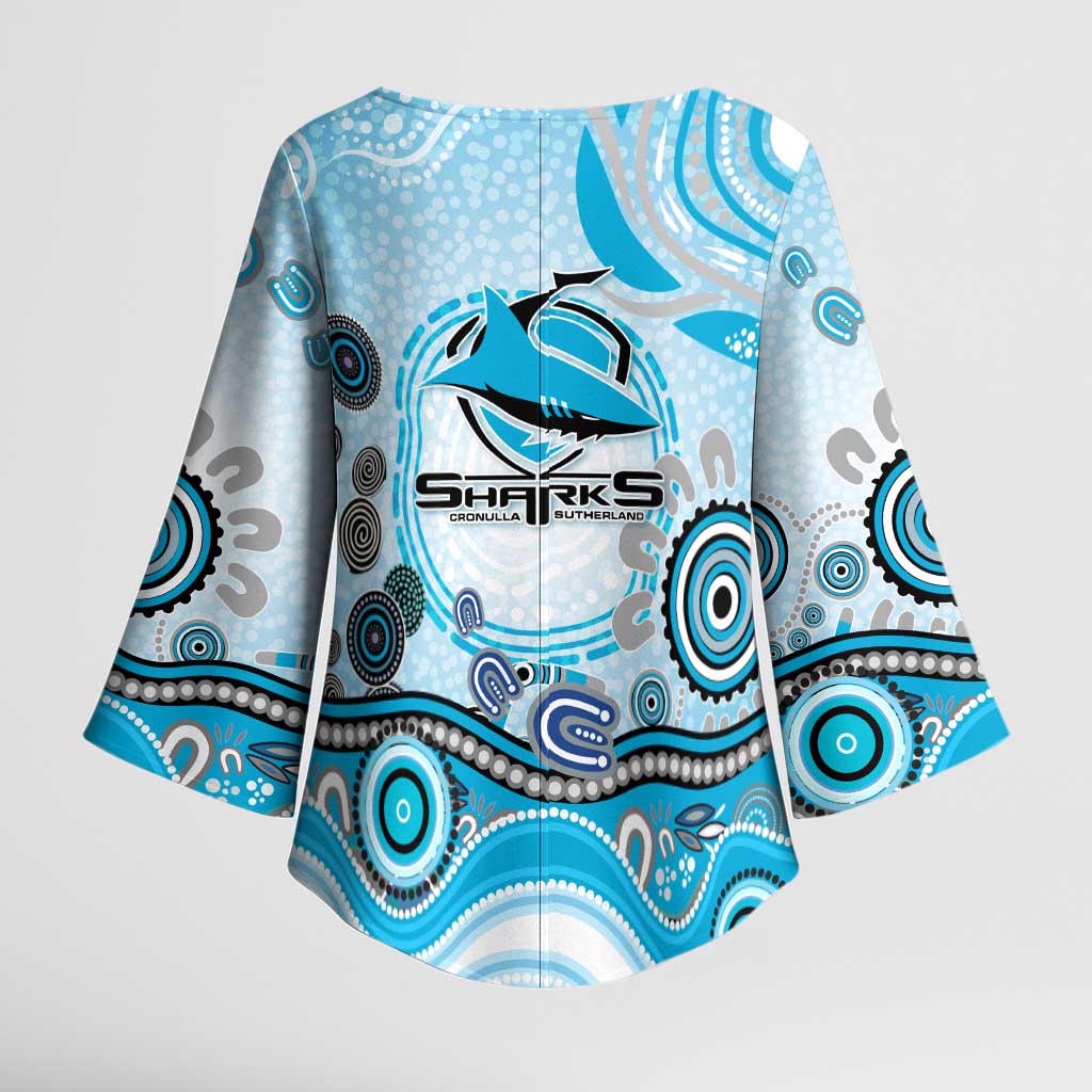 Cronulla Sutherland Sharks Rugby Kimono Sleeve Blouse Australian Aboriginal Dot Painting Style