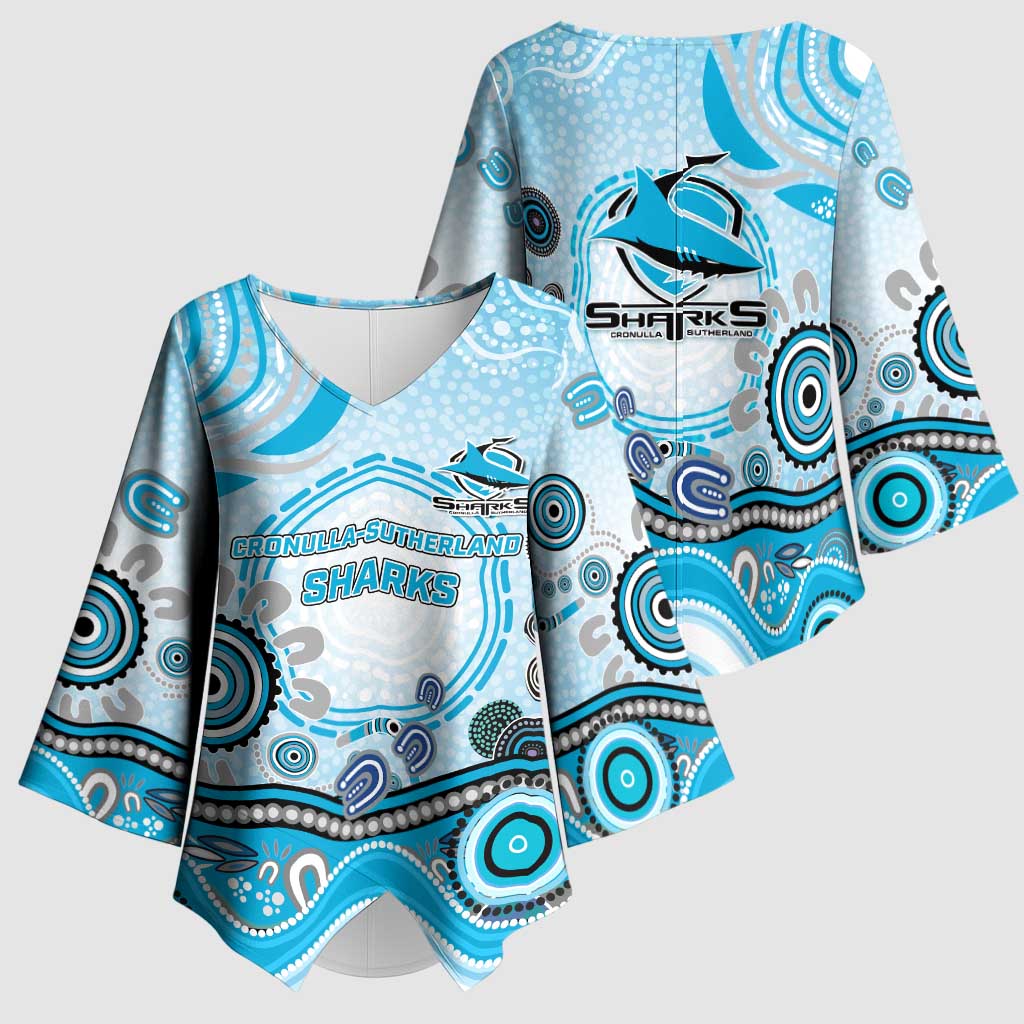 Cronulla Sutherland Sharks Rugby Kimono Sleeve Blouse Australian Aboriginal Dot Painting Style