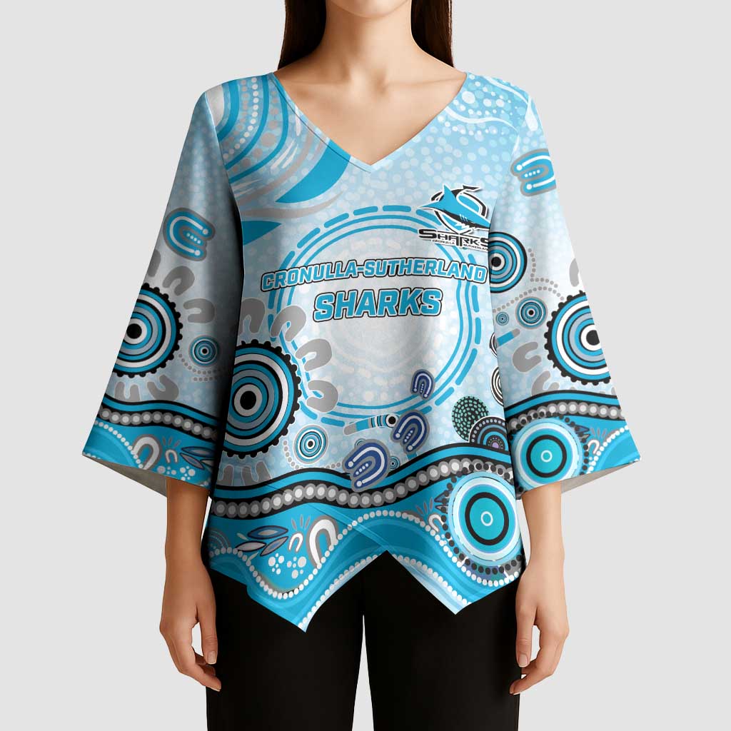 Cronulla Sutherland Sharks Rugby Kimono Sleeve Blouse Australian Aboriginal Dot Painting Style
