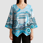 Cronulla Sutherland Sharks Rugby Kimono Sleeve Blouse Australian Aboriginal Dot Painting Style