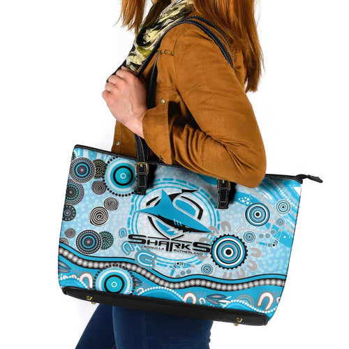 Cronulla Sutherland Sharks Rugby Leather Tote Bag Australian Aboriginal Dot Painting Style
