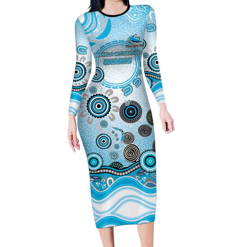 Cronulla Sutherland Sharks Rugby Long Sleeve Bodycon Dress Australian Aboriginal Dot Painting Style