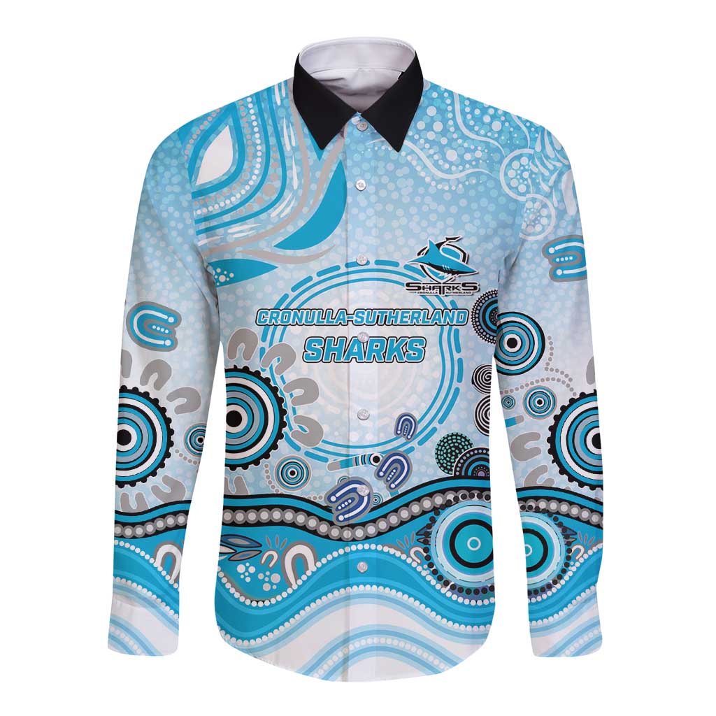 Cronulla Sutherland Sharks Rugby Long Sleeve Button Shirt Australian Aboriginal Dot Painting Style