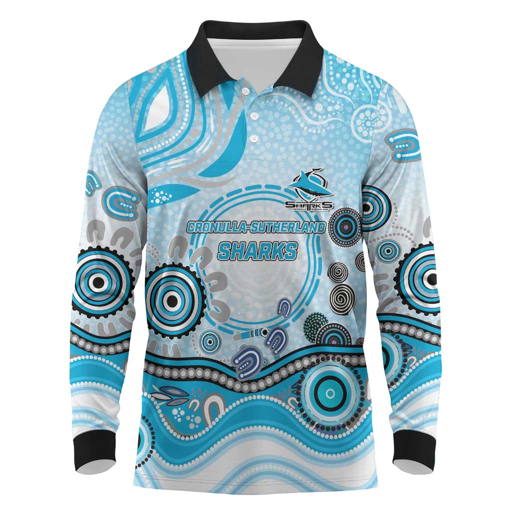 Cronulla Sutherland Sharks Rugby Long Sleeve Polo Shirt Australian Aboriginal Dot Painting Style