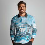 Cronulla Sutherland Sharks Rugby Long Sleeve Polo Shirt Australian Aboriginal Dot Painting Style