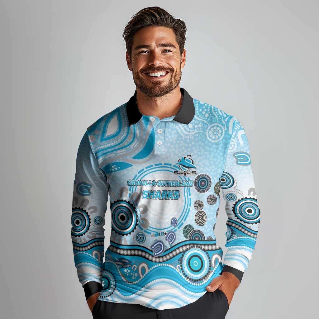 Cronulla Sutherland Sharks Rugby Long Sleeve Polo Shirt Australian Aboriginal Dot Painting Style