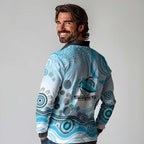 Cronulla Sutherland Sharks Rugby Long Sleeve Polo Shirt Australian Aboriginal Dot Painting Style