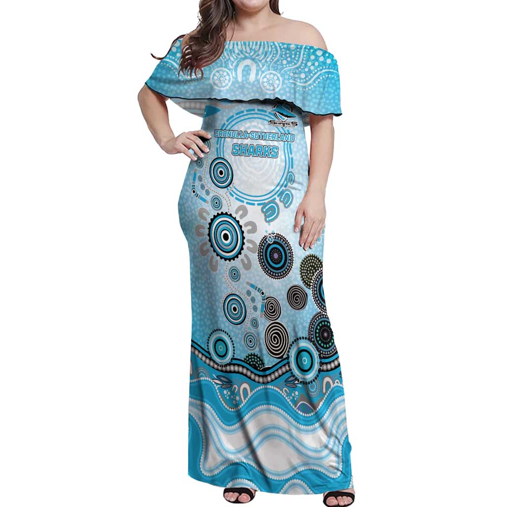 Cronulla Sutherland Sharks Rugby Off Shoulder Maxi Dress Australian Aboriginal Dot Painting Style