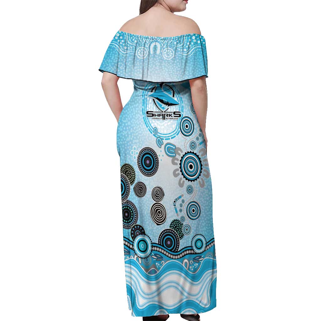 Cronulla Sutherland Sharks Rugby Off Shoulder Maxi Dress Australian Aboriginal Dot Painting Style