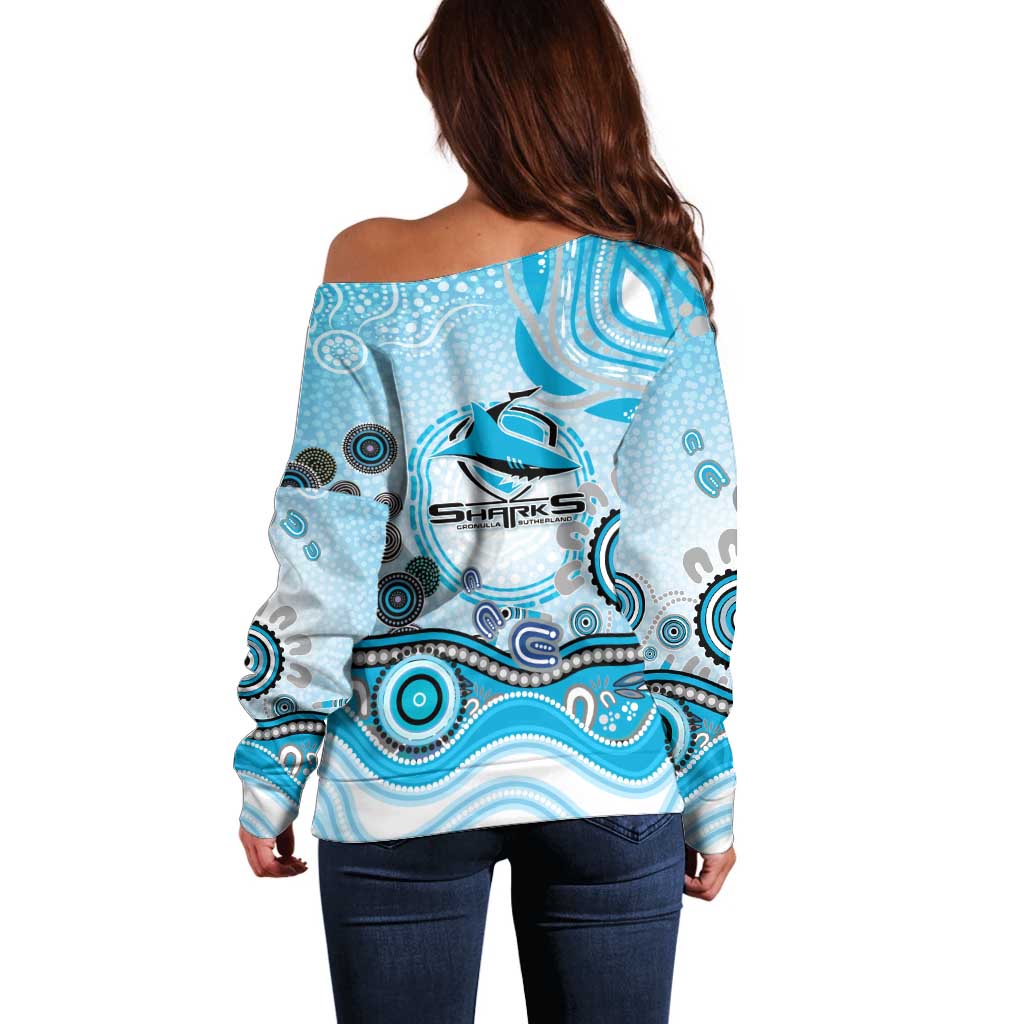 Cronulla Sutherland Sharks Rugby Off Shoulder Sweater Australian Aboriginal Dot Painting Style