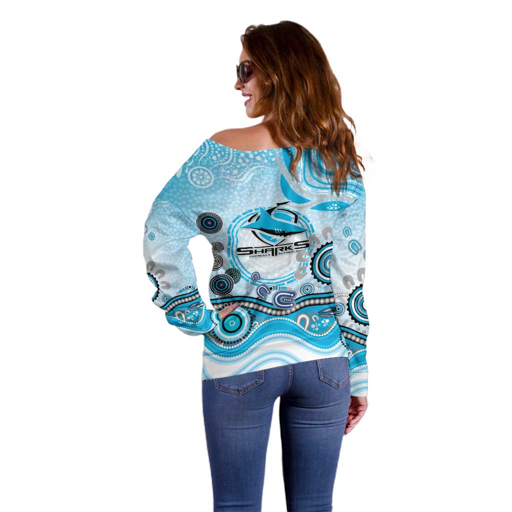 Cronulla Sutherland Sharks Rugby Off Shoulder Sweater Australian Aboriginal Dot Painting Style