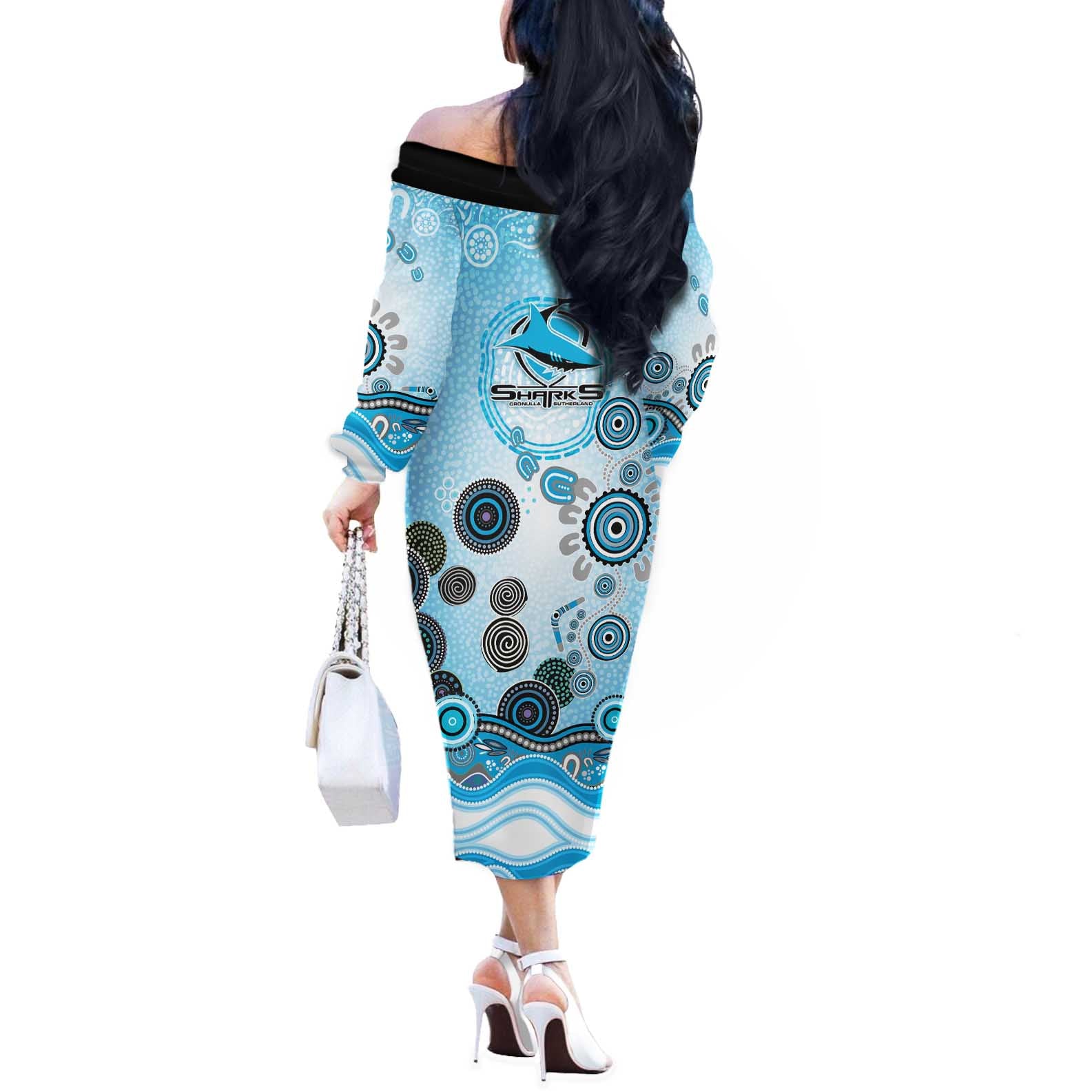 Cronulla Sutherland Sharks Rugby Off The Shoulder Long Sleeve Dress Australian Aboriginal Dot Painting Style