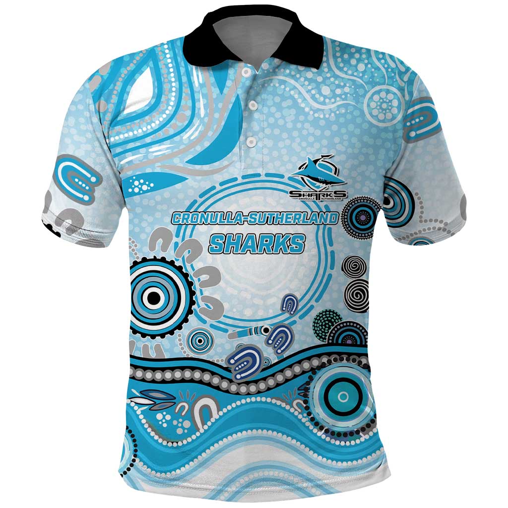 Cronulla Sutherland Sharks Rugby Polo Shirt Australian Aboriginal Dot Painting Style