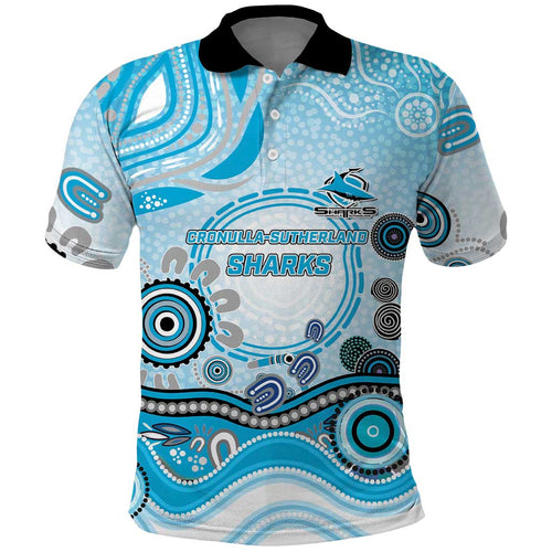 Cronulla Sutherland Sharks Rugby Polo Shirt Australian Aboriginal Dot Painting Style