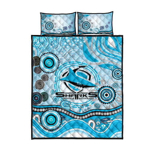 Cronulla Sutherland Sharks Rugby Quilt Bed Set Australian Aboriginal Dot Painting Style