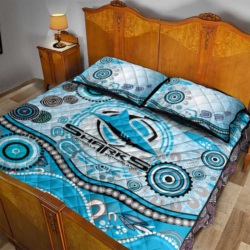 Cronulla Sutherland Sharks Rugby Quilt Bed Set Australian Aboriginal Dot Painting Style