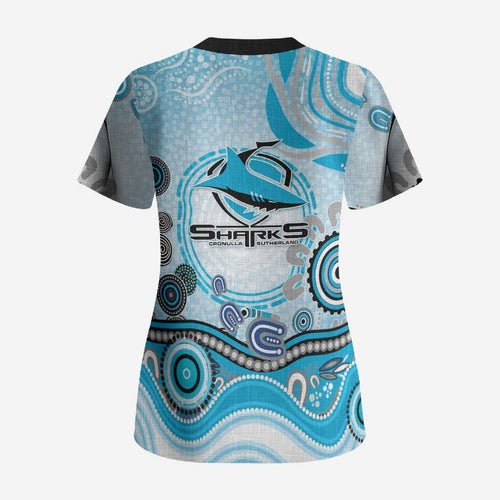 Cronulla Sutherland Sharks Rugby Scrub Top Australian Aboriginal Dot Painting Style