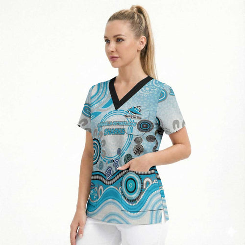 Cronulla Sutherland Sharks Rugby Scrub Top Australian Aboriginal Dot Painting Style