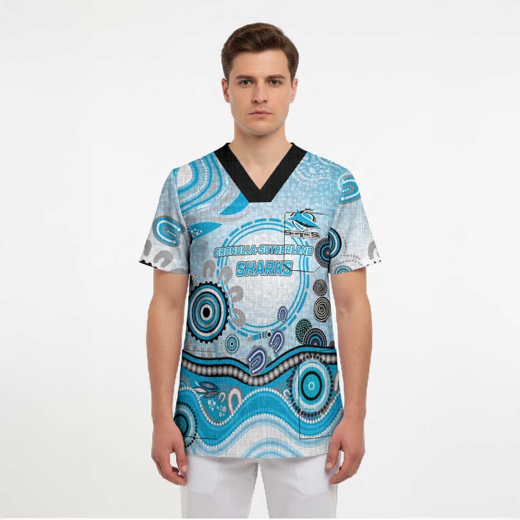 Cronulla Sutherland Sharks Rugby Scrub Top Australian Aboriginal Dot Painting Style