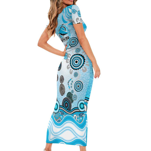 Cronulla Sutherland Sharks Rugby Short Sleeve Bodycon Dress Australian Aboriginal Dot Painting Style