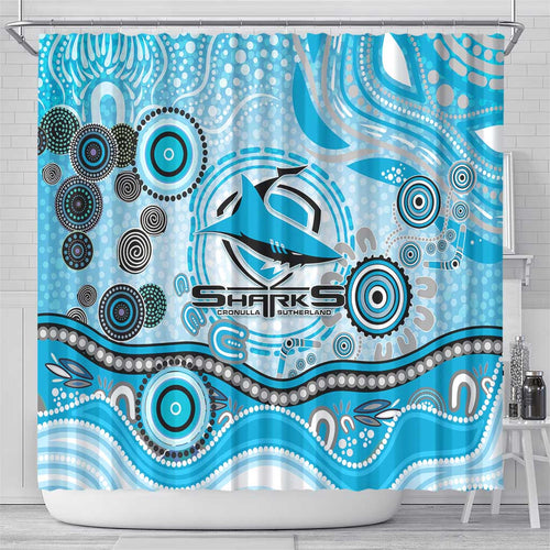 Cronulla Sutherland Sharks Rugby Shower Curtain Australian Aboriginal Dot Painting Style