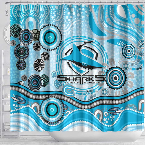 Cronulla Sutherland Sharks Rugby Shower Curtain Australian Aboriginal Dot Painting Style