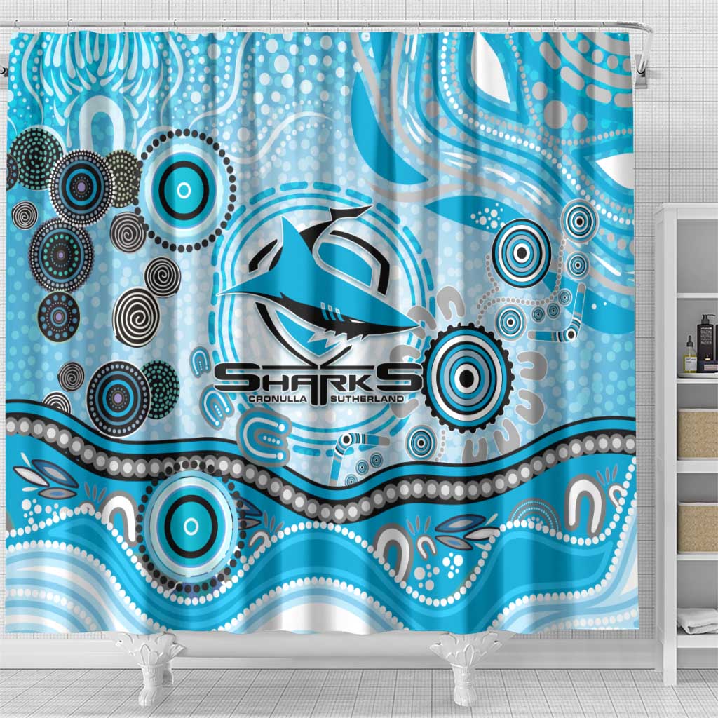 Cronulla Sutherland Sharks Rugby Shower Curtain Australian Aboriginal Dot Painting Style