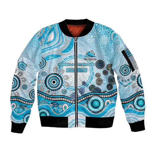 Cronulla Sutherland Sharks Rugby Sleeve Zip Bomber Jacket Australian Aboriginal Dot Painting Style