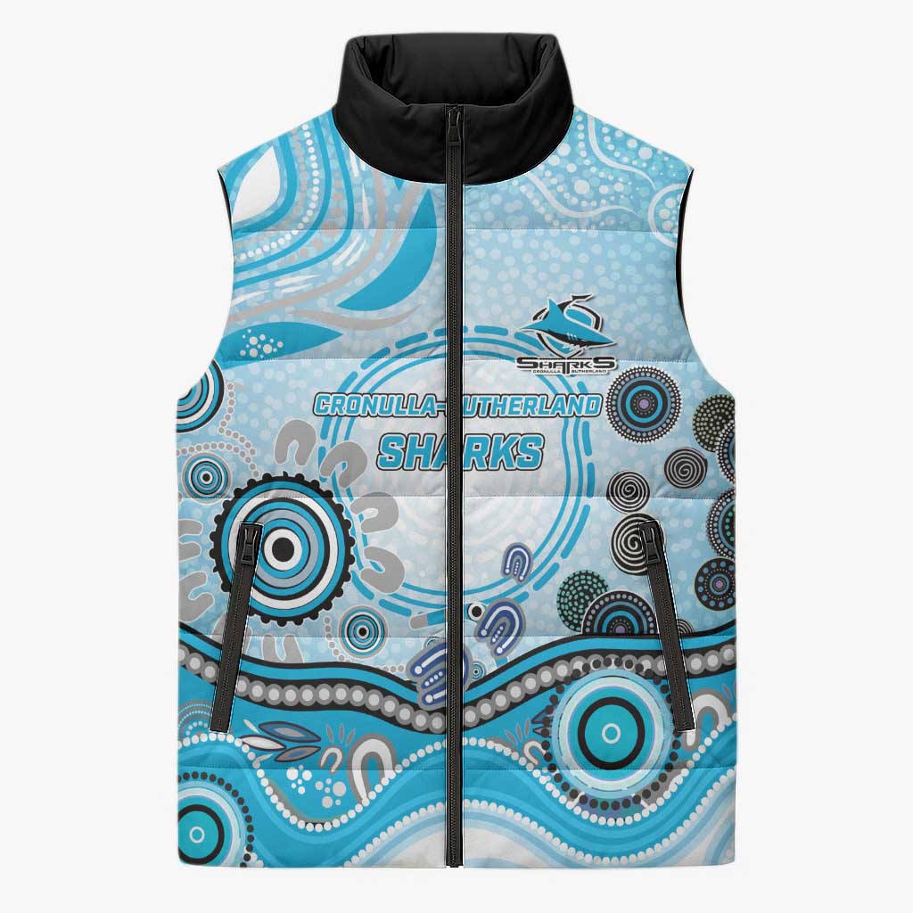 Cronulla Sutherland Sharks Rugby Sleeveless Puffer Jacket Australian Aboriginal Dot Painting Style