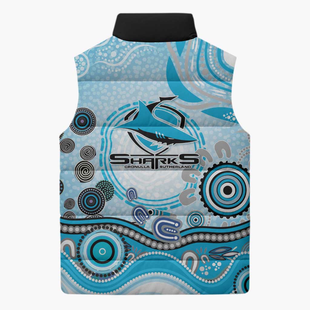 Cronulla Sutherland Sharks Rugby Sleeveless Puffer Jacket Australian Aboriginal Dot Painting Style