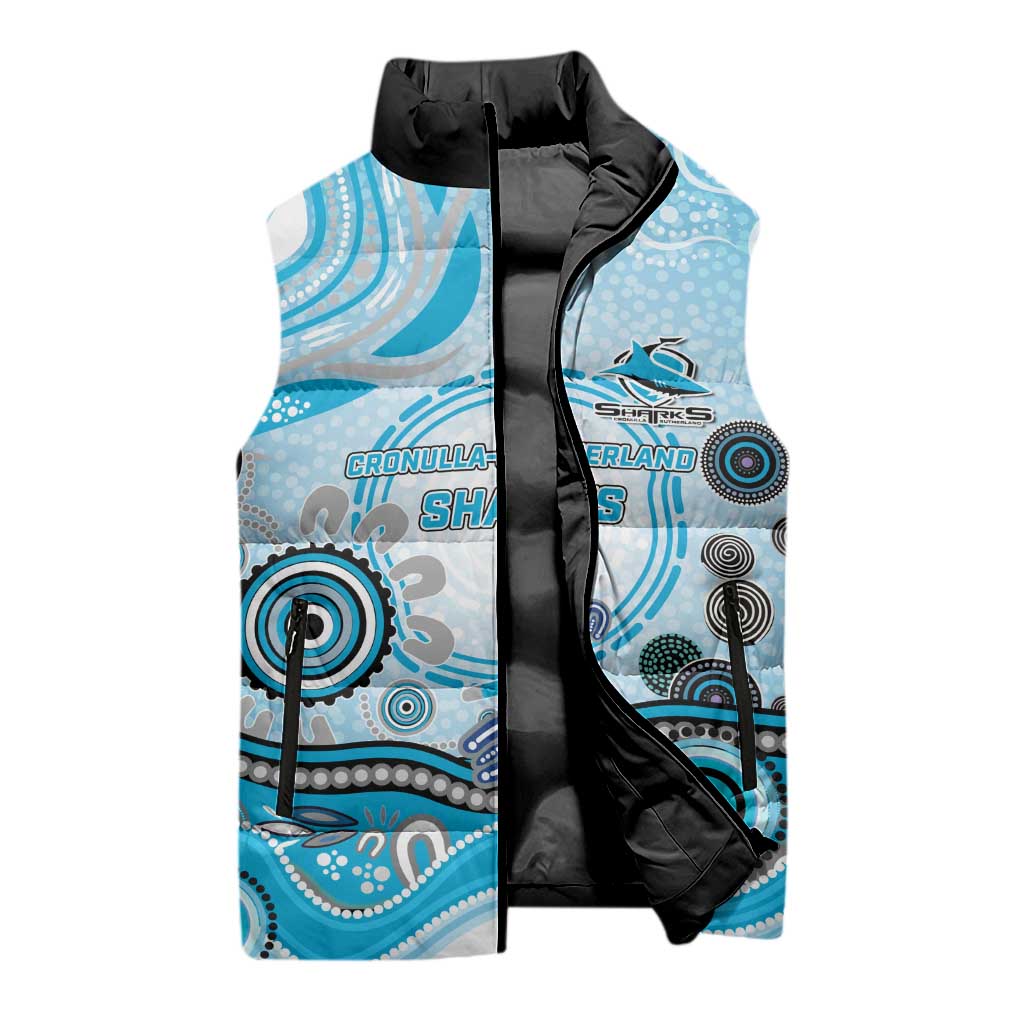 Cronulla Sutherland Sharks Rugby Sleeveless Puffer Jacket Australian Aboriginal Dot Painting Style