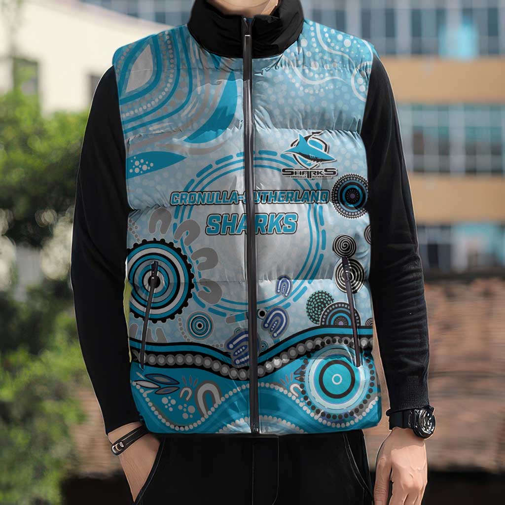 Cronulla Sutherland Sharks Rugby Sleeveless Puffer Jacket Australian Aboriginal Dot Painting Style