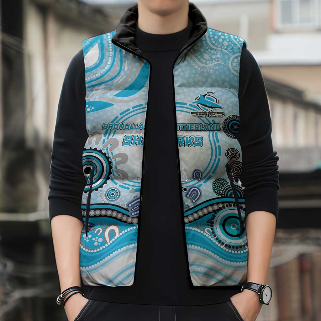 Cronulla Sutherland Sharks Rugby Sleeveless Puffer Jacket Australian Aboriginal Dot Painting Style