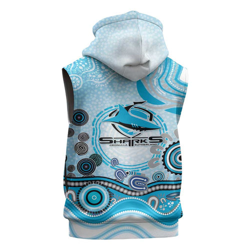 Cronulla Sutherland Sharks Rugby Sleeveless Zip Hoodie Australian Aboriginal Dot Painting Style