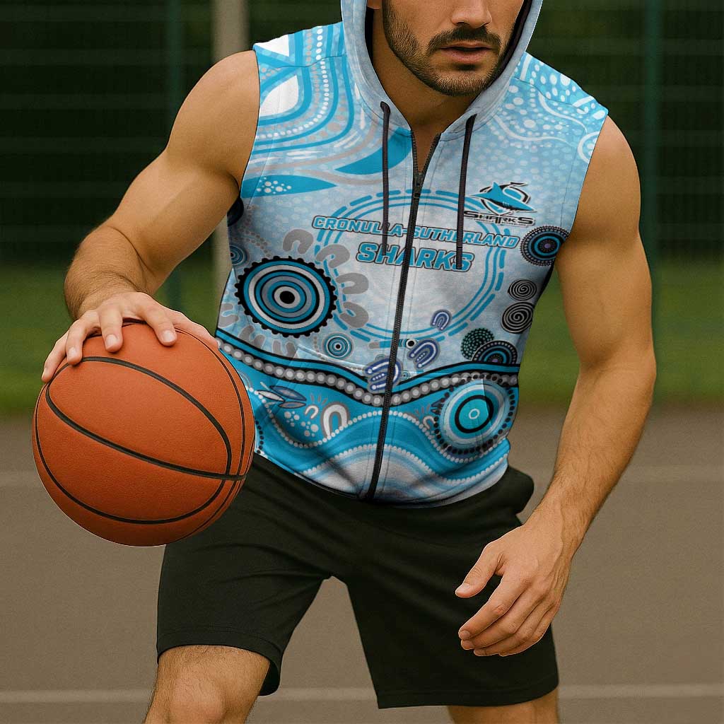 Cronulla Sutherland Sharks Rugby Sleeveless Zip Hoodie Australian Aboriginal Dot Painting Style