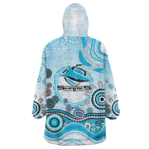 Cronulla Sutherland Sharks Rugby Wearable Blanket Hoodie Australian Aboriginal Dot Painting Style