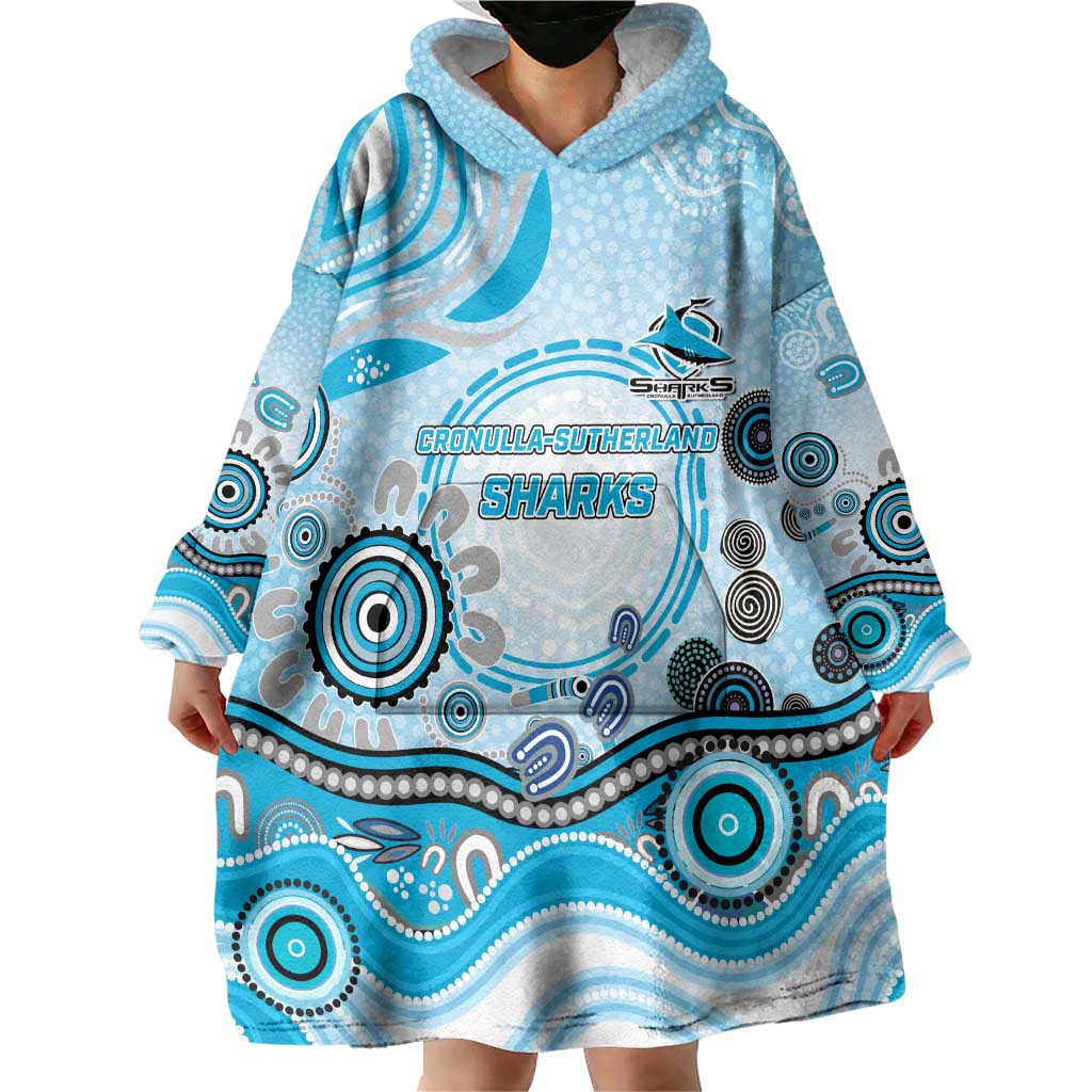 Cronulla Sutherland Sharks Rugby Wearable Blanket Hoodie Australian Aboriginal Dot Painting Style