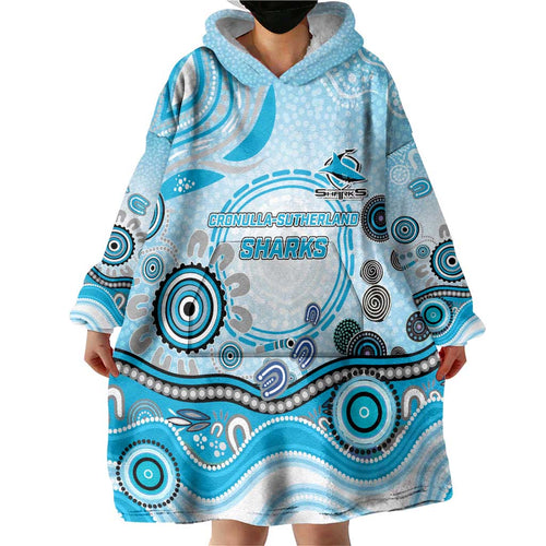 Cronulla Sutherland Sharks Rugby Wearable Blanket Hoodie Australian Aboriginal Dot Painting Style